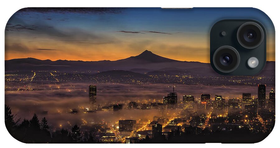 Dawn iPhone Case featuring the photograph Fog Rolling in at Dawn over the city of Portland by David Gn