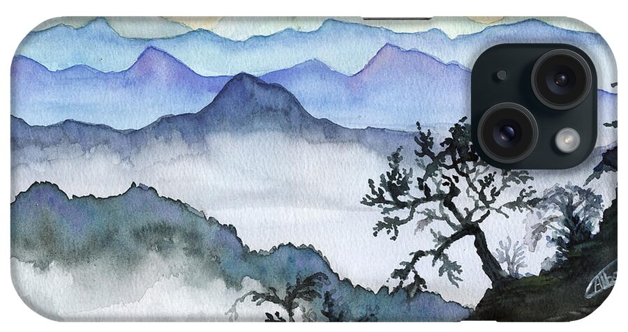 Montaines iPhone Case featuring the painting Foggy mountaines sunset view by Alban Dizdari
