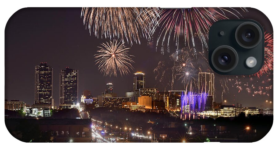  iPhone Case featuring the photograph Fort Worth Skyline At Night Fireworks Color Evening Ft. Worth Texas by Jon Holiday