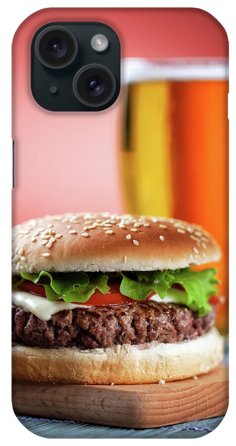 Unhealthy Eating iPhone Case featuring the photograph Fresh Hamburger With Beer by Svariophoto