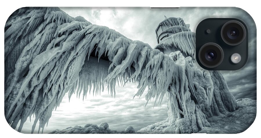 Lighthouse Frozen Ice Icicles Dramatic St. Joseph Nature iPhone Case featuring the photograph Frozen Lighthouse by Mike Lanzetta