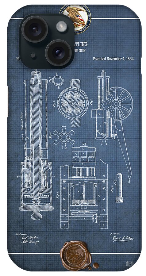 C7 Vintage Patents Weapons And Firearms iPhone Case featuring the digital art Gatling Machine Gun - Vintage Patent Blueprint by Serge Averbukh