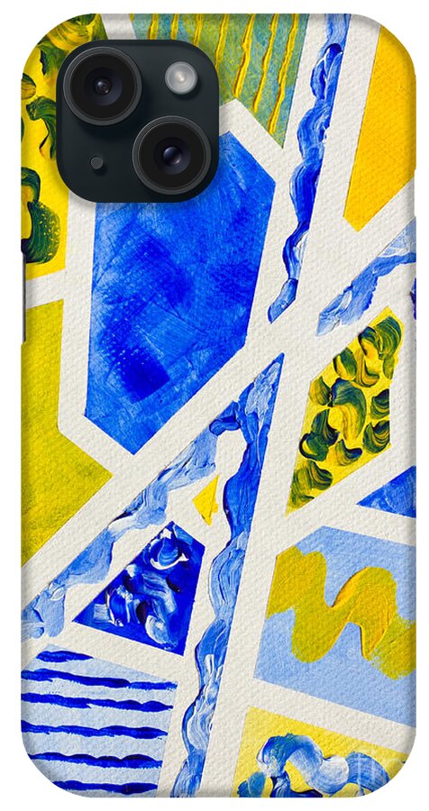 Geometric iPhone Case featuring the painting Geometric Blue and Yellow Abstract Acrylic Painting by Beverly Claire Kaiya