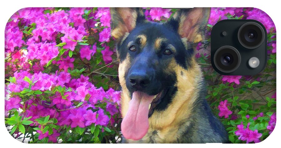 Animal iPhone Case featuring the photograph German Shepherd Dog with Azaleas by Donna Doherty