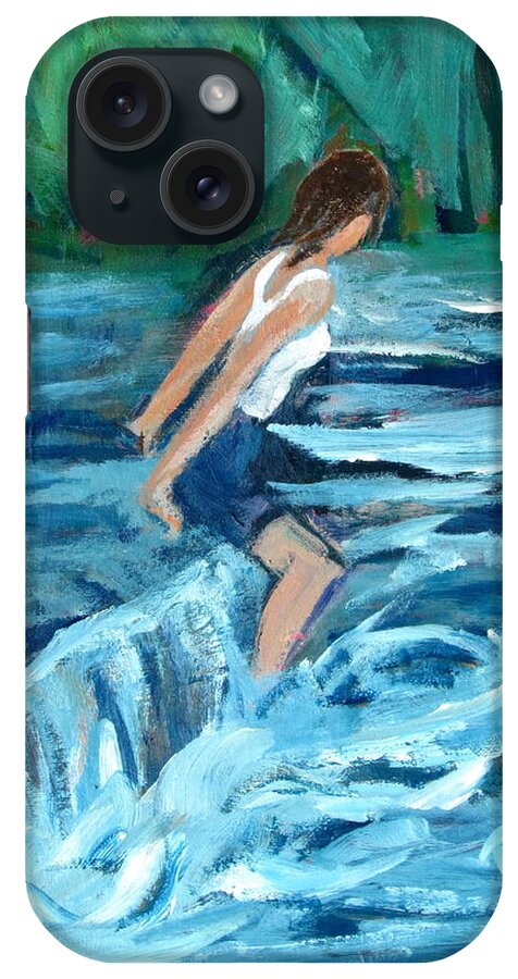 Girl With Camisole Top In Water iPhone Case featuring the painting Girl Bathing in River Rapids by Betty Pieper
