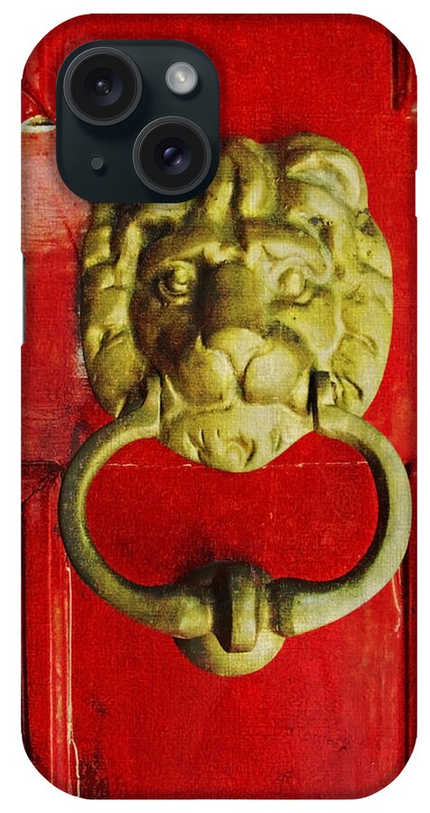 Red iPhone Case featuring the photograph Golden Brass Lion on Red Door by Brooke T Ryan