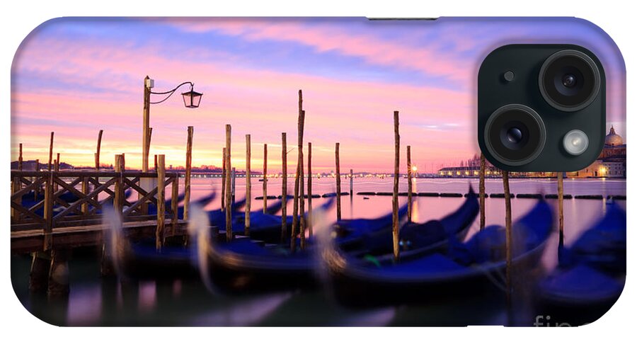 Church iPhone Case featuring the photograph Gondolas at sunrise Venice Italy by Matteo Colombo