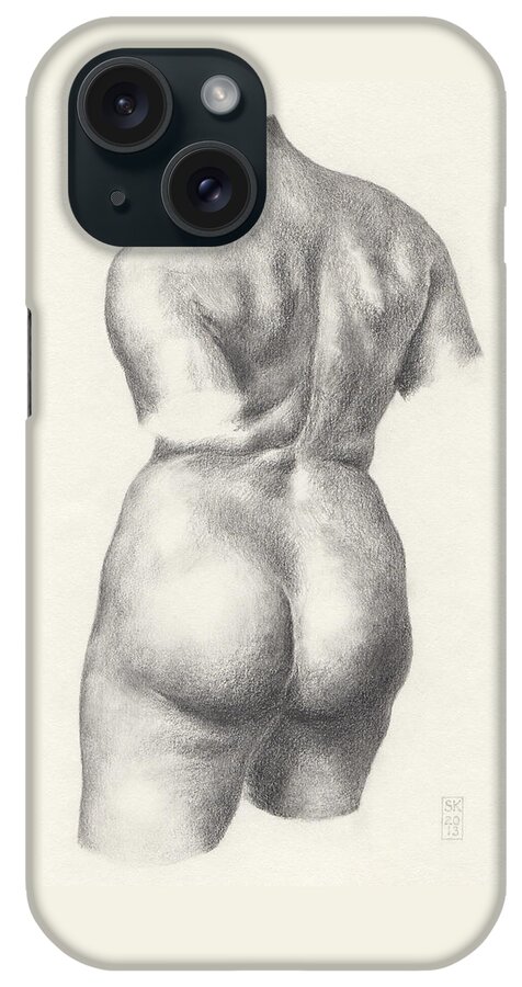 Female Nude iPhone Case featuring the drawing Graphite Drawing of Bronze-Torso Maillol Sculpture Chained Action by Scott Kirkman