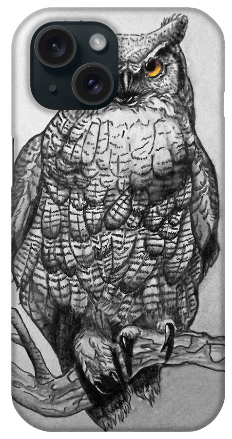 Great Horned Owl iPhone Case featuring the painting Great Horned Owl Black And White by Sandi OReilly