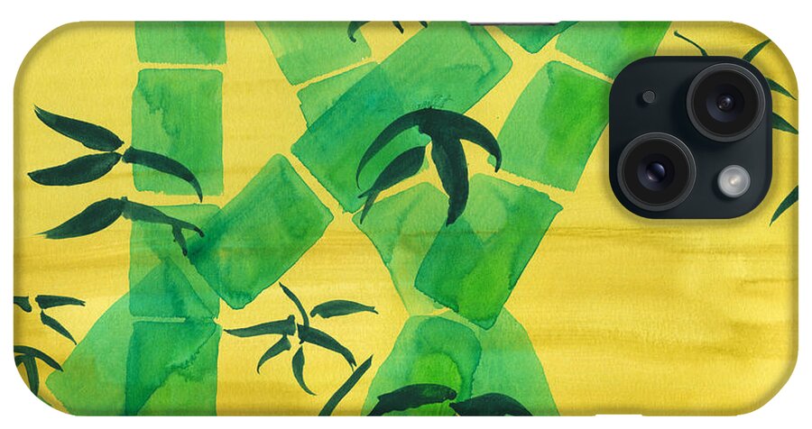 Bamboo iPhone 15 Case featuring the painting Green Bamboo Grove on Yellow by Beverly Claire Kaiya