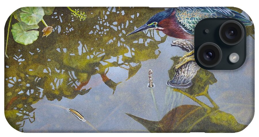Green Heron iPhone Case featuring the painting Green Heron III by Greg and Linda Halom