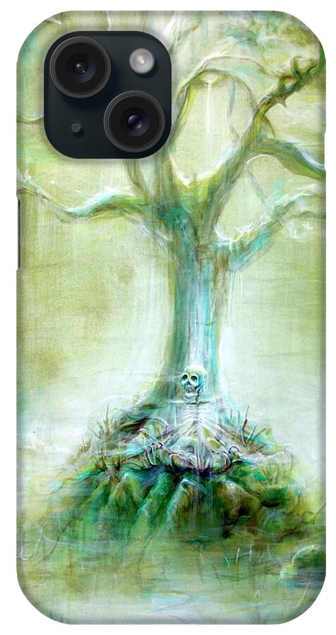 Skeleton iPhone Case featuring the painting Green Skeleton Meditation by Heather Calderon