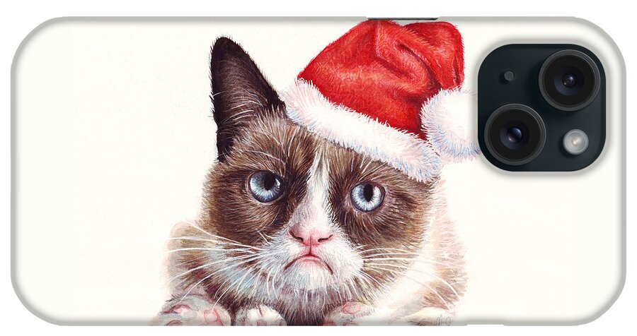 Grumpy iPhone Case featuring the painting Grumpy Cat as Santa by Olga Shvartsur
