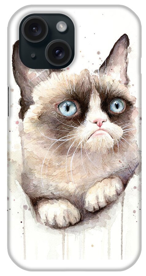 Grumpy iPhone Case featuring the painting Grumpy Cat Watercolor by Olga Shvartsur