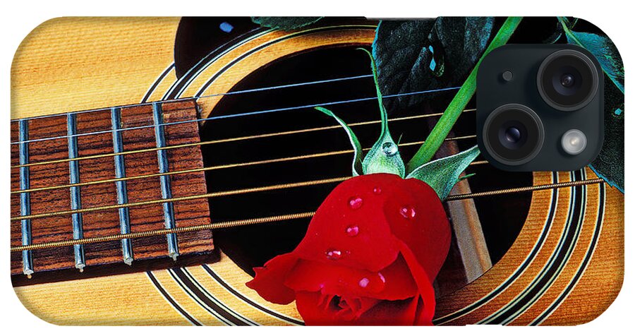 Guitar iPhone Case featuring the photograph Guitar with single red rose by Garry Gay