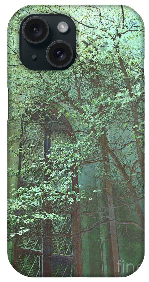 Haunting Spooky Trees iPhone Case featuring the photograph Haunting Surreal Gothic Dark Green Teal Trees On Church Window - Surreal Green Spooky Trees by Kathy Fornal