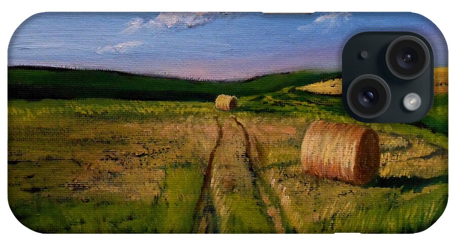Farm iPhone Case featuring the painting Hay Rolls on the Field by Christopher Shellhammer