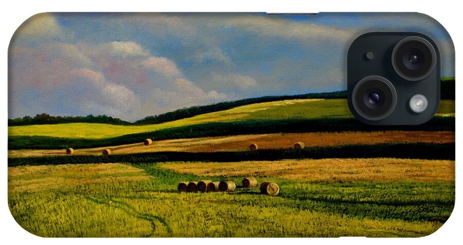 Hay Rolls iPhone Case featuring the painting Hay Rolls on the Field Number Two by Christopher Shellhammer