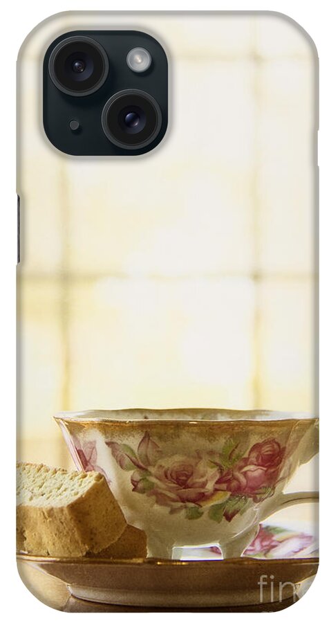 Gold; Golden; Morning; Breakfast; Beautiful; Gorgeous; Elegant; Shiny; Elegance; Teacup; High Tea; China; Porcelain; Floral Design; Prim; Proper; Dainty; Vintage; Antique; Saucer; Tea; Table; Bright; Floral Pattern; Pink; Biscotti; Food; Snack; Treat; Baked; Pastry; Window iPhone Case featuring the photograph High Tea by Margie Hurwich