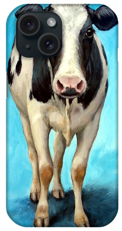 Holstein Cow iPhone Case featuring the painting Holstein Cow Standing on Turquoise by Dottie Dracos