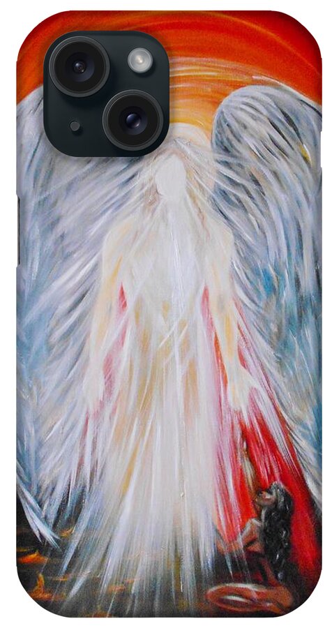 Michael Archangel Greeting Cards iPhone Case featuring the painting Hope in Hell - Michael Archangel Series by Yesi Casanova 