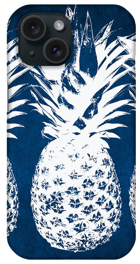 Indigo White Pineapple Blue White Print Fruit Food Kitchen Art Nature Tropical Cafe Art Bakery Art Peaceful Coastal Hawaii Beach Bedroom Art Rate My Skype Room Living Room Art Gallery Wall Art Art For Interior Designers Hospitality Art Set Design Wedding Gift Art By Linda Woods Vacation Travel iPhone Case featuring the painting Indigo and White Pineapples by Linda Woods