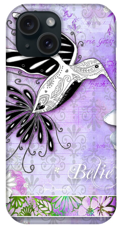 Hummingbird iPhone Case featuring the painting Inspirational Hummingbird Purple Flowers Paisley Pattern Believe by Megan Duncanson by Megan Aroon