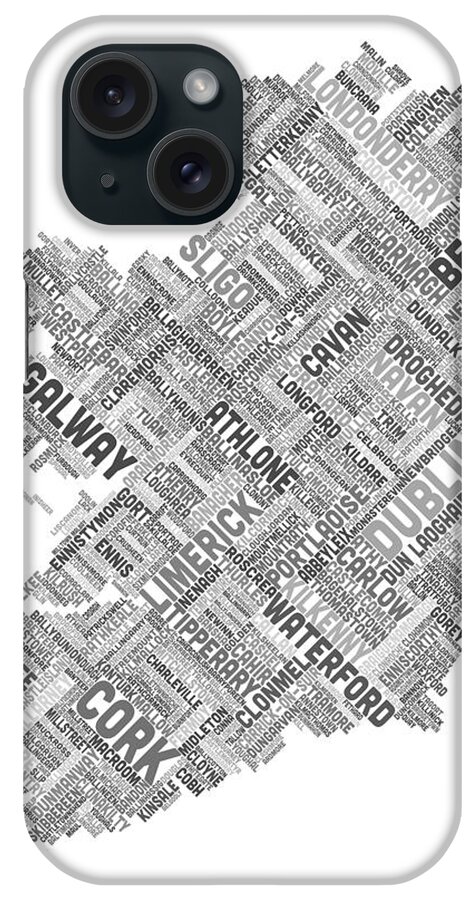 Ireland Map iPhone Case featuring the digital art Ireland Eire City Text map by Michael Tompsett