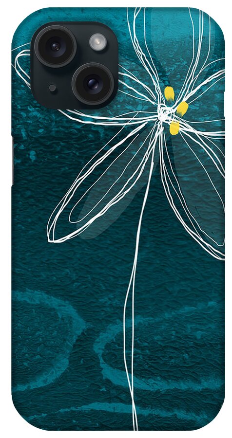 Abstract Flower Floral Botanic Garden Jasmineurban Painting Drawing Yellow White Blue Aqua Lines Circles Petals Bloom Blossom Office Lounge Studio Hotel Lobby Healthcare Hospitality living Room Bedroom Bold iPhone Case featuring the painting Jasmine Flower by Linda Woods