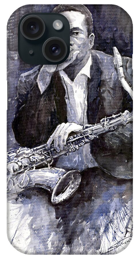 Jazz iPhone Case featuring the painting Jazz Saxophonist John Coltrane black by Yuriy Shevchuk