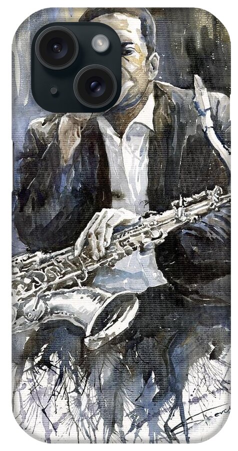 Jazz iPhone Case featuring the painting Jazz Saxophonist John Coltrane yellow by Yuriy Shevchuk