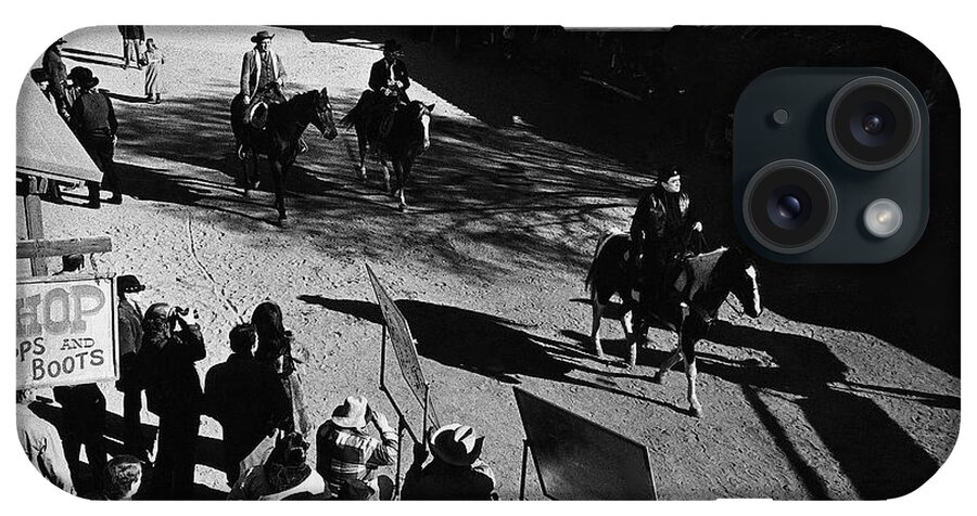 Johnny Cash Riding Horse Filming Promo Main Street Old Tucson Az A Gunfight Kirk Douglas A Boy Named Sue San Quentin Prison Concert Recorded By Granada Television Great Britain iPhone Case featuring the photograph Johnny Cash riding horse filming promo main street Old Tucson Arizona 1971 by David Lee Guss