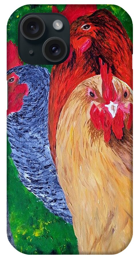 Rooster Paintings iPhone Case featuring the painting John's Chickens by Cheryl Nancy Ann Gordon