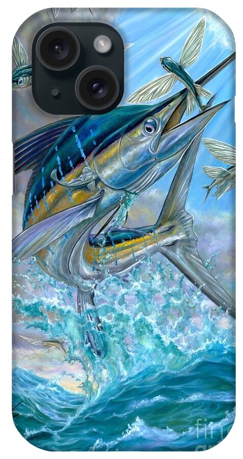 White Marlin iPhone Case featuring the painting Jumping White Marlin And Flying Fish by Terry Fox