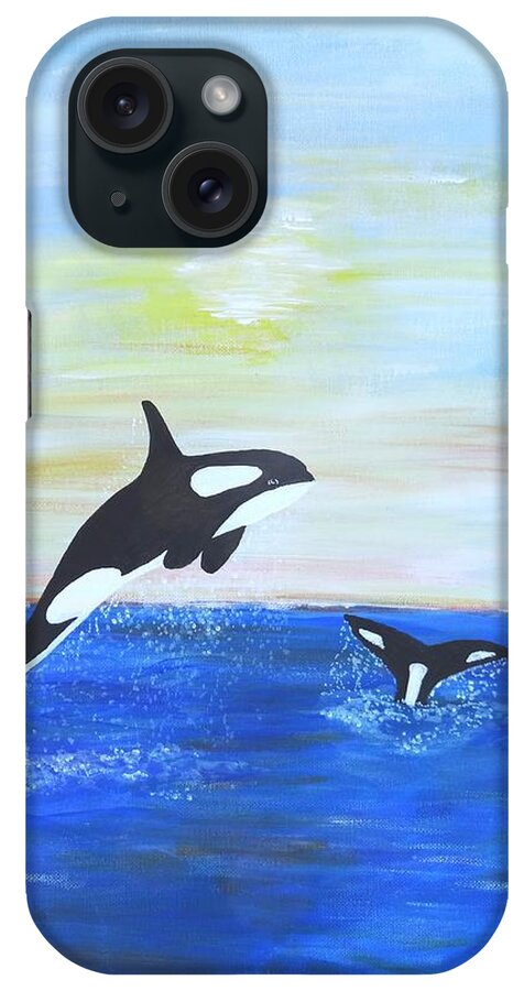 Orcas Jumping iPhone Case featuring the painting Killer Whales Leaping by Karen Jane Jones