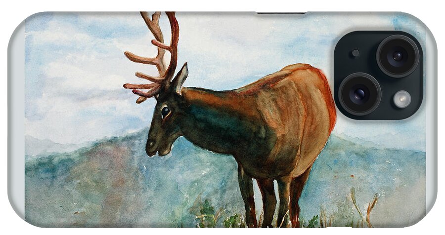 Elk iPhone Case featuring the painting King of the Hill by Mary Benke