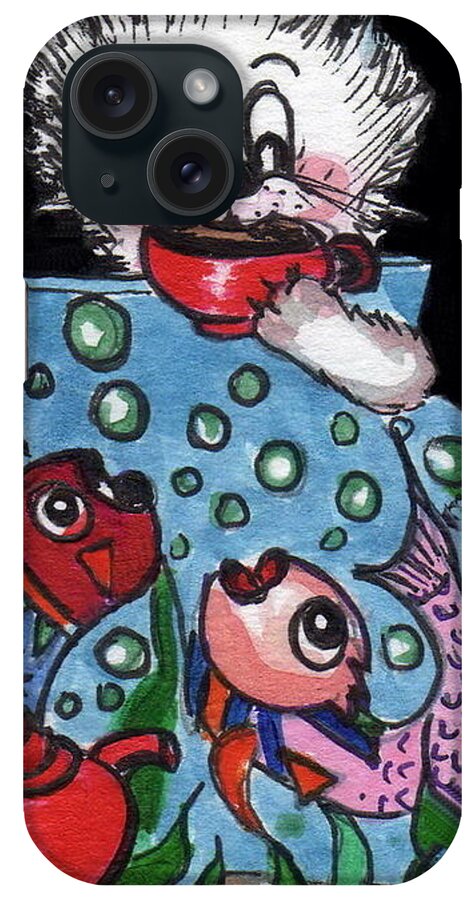 Kitty And Fish iPhone Case featuring the painting Kitty has tea and chat with friends.  by Joyce Gebauer