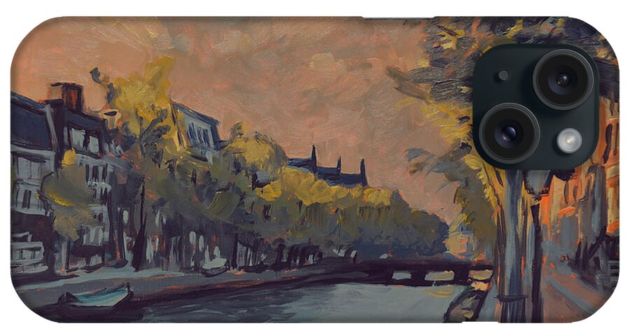Kloveniersburgwal iPhone Case featuring the painting Kloveniersburgwal Amsterdam in sunset light by Nop Briex