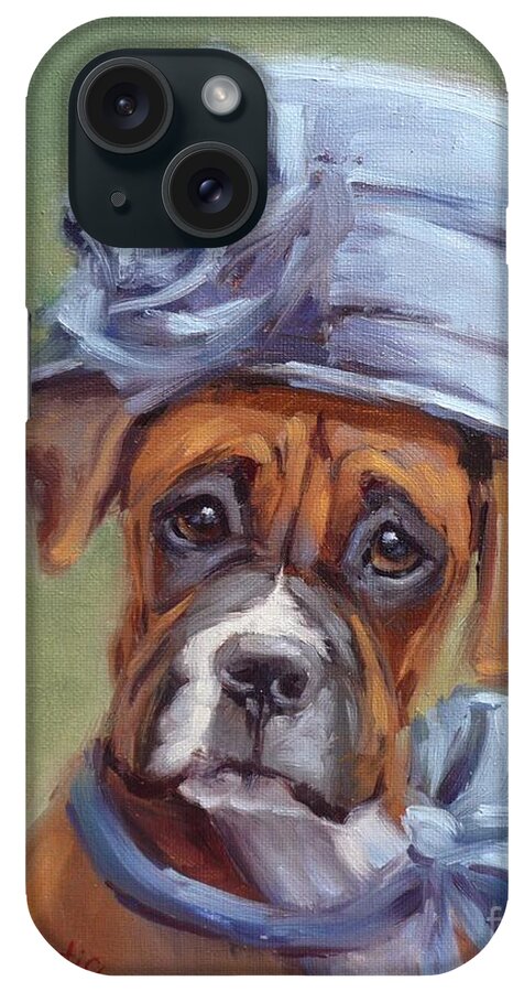 Boxer iPhone Case featuring the painting Lady Boxer with Blue Hat by Viktoria K Majestic