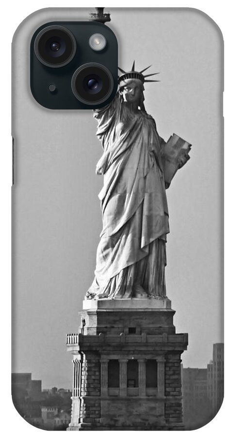 Statue Of Liberty iPhone Case featuring the photograph Lady Liberty Black and White by Kristin Elmquist