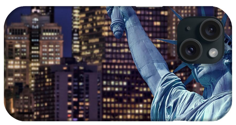 Statue iPhone Case featuring the photograph Statue of Liberty, New York at night by Delphimages Photo Creations