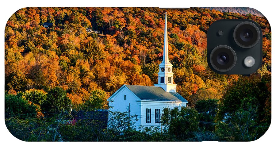 Autumn Foliage New England iPhone Case featuring the photograph Last rays of autumn sun on Stowe Church by Jeff Folger