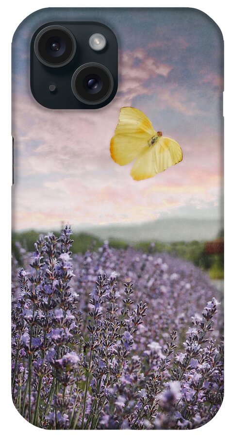 Blue And Pink Sunset iPhone Case featuring the photograph Lavender Field Pink and Blue Sunset and Yellow Butterfly by Brooke T Ryan