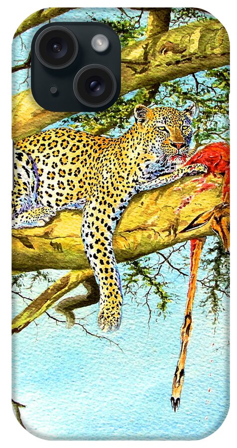 African Paintings iPhone Case featuring the painting Leopard with a Kill by Joseph Thiongo