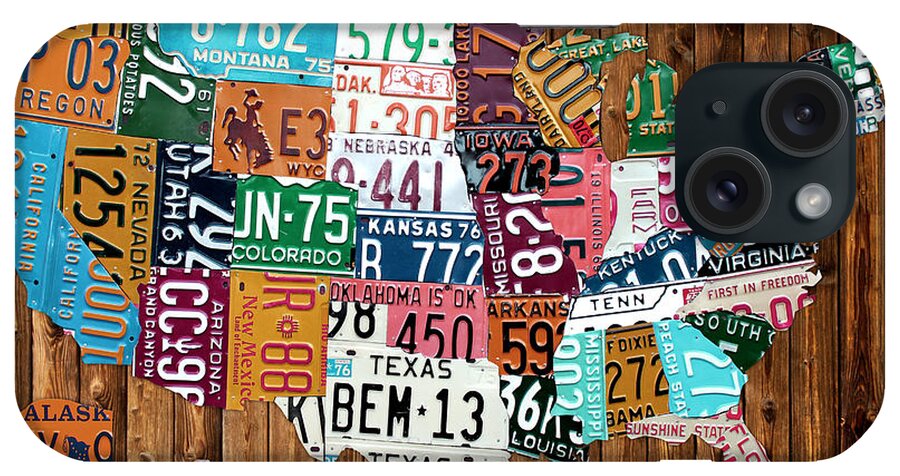 License Plate Map iPhone Case featuring the mixed media License Plate Map of The United States - Warm Colors on Pine Board by Design Turnpike