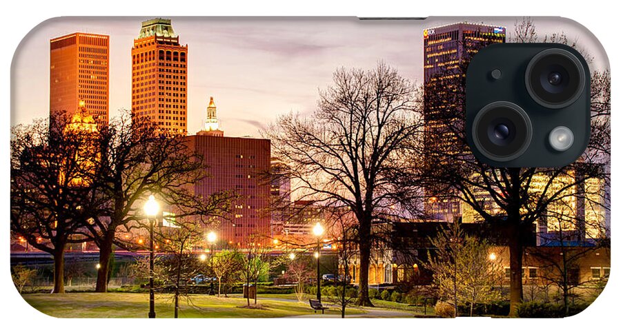 Veterans Park iPhone Case featuring the photograph Lighted Walkway to the Tulsa Oklahoma Skyline by Gregory Ballos