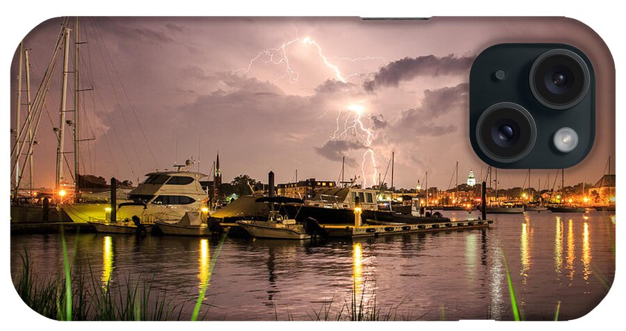 As The Storm Approached Most Of The Strikes Where Obstructed By Clouds. Patience Was Well Rewarded With This Cloud To Group Strike. iPhone Case featuring the photograph Lightning Strikes Annapolis by Jennifer Casey