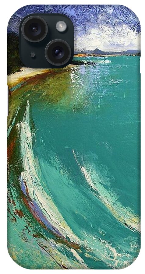 Landscape iPhone Case featuring the painting Little Cove Noosa Heads abstract palette knife seascape painting by Chris Hobel