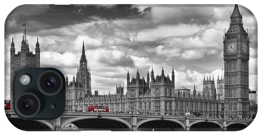 British iPhone Case featuring the photograph LONDON River Thames and Red Buses on Westminster Bridge by Melanie Viola