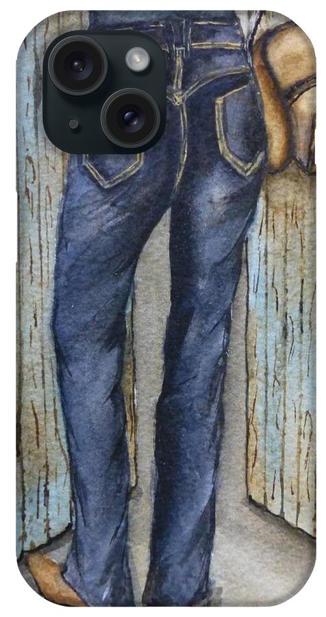 Jeans iPhone Case featuring the painting Blue Jeans a hat and looking good by Kelly Mills
